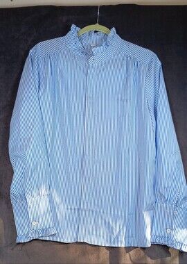 Women's Blue Pinstripe Ruffle-Neck Blouse